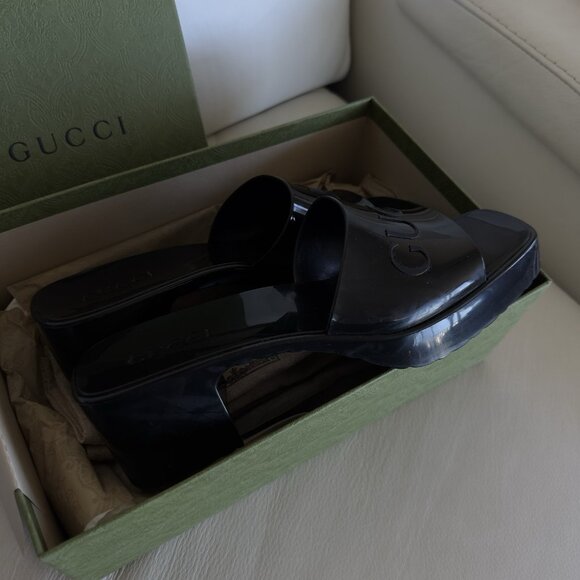NEW GUCCI BLACK Rubber Logo Platform Block Heel Slide Sandals Size 10 US 40 EU - Picture 4 of 8
